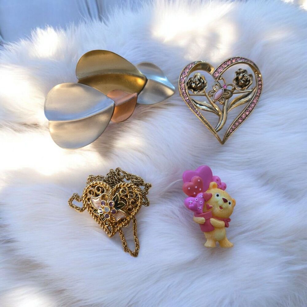 Vtg Brooch Lot Heart Floral Rhinestone Abstract Teddy Bear Costume Jewelry Pins